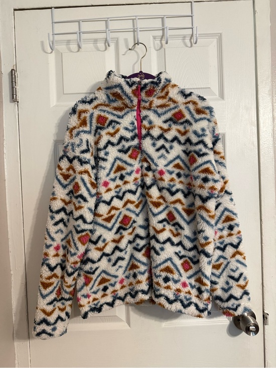 Eddie Bauer Jackets & Blazers - Eddie Bauer Cream Sherpa Pullover with Navy, Mustard, and Pink Accents